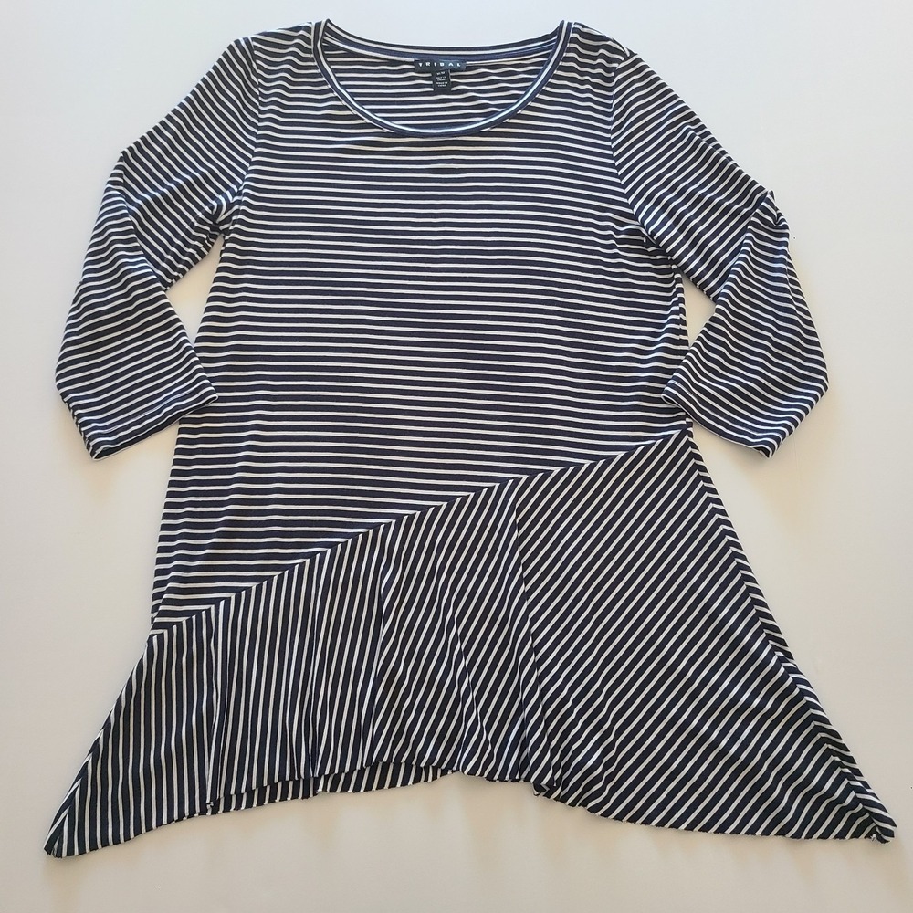 Tribal Women's Navy & White Striped Long Sleeve Boat Neck Top Shirt Sz M
